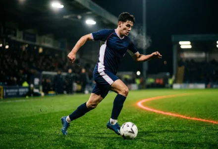 Premier sélection équipe de france zidane : jeune joueur dribble le ballon sur un terrain éclairé de nuit, maillot bleu et short sombre, foule en arrière-plan.