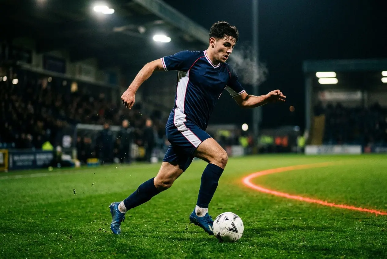 Premier sélection équipe de france zidane : jeune joueur dribble le ballon sur un terrain éclairé de nuit, maillot bleu et short sombre, foule en arrière-plan.