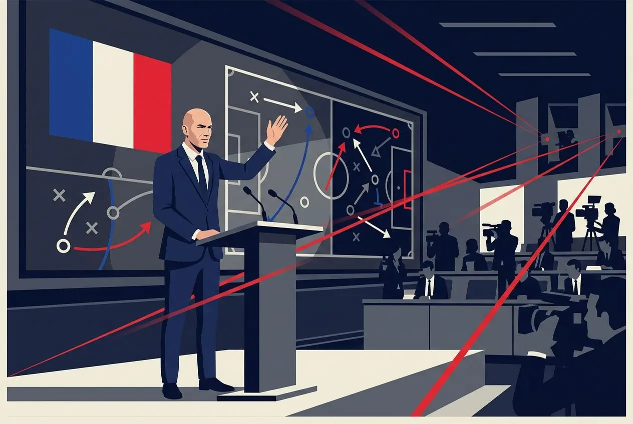 Première sélection équipe de france zidane: Zidane au podium lors d’une conférence, planches tactiques et drapeaux français en arrière-plan, ambiance presse.