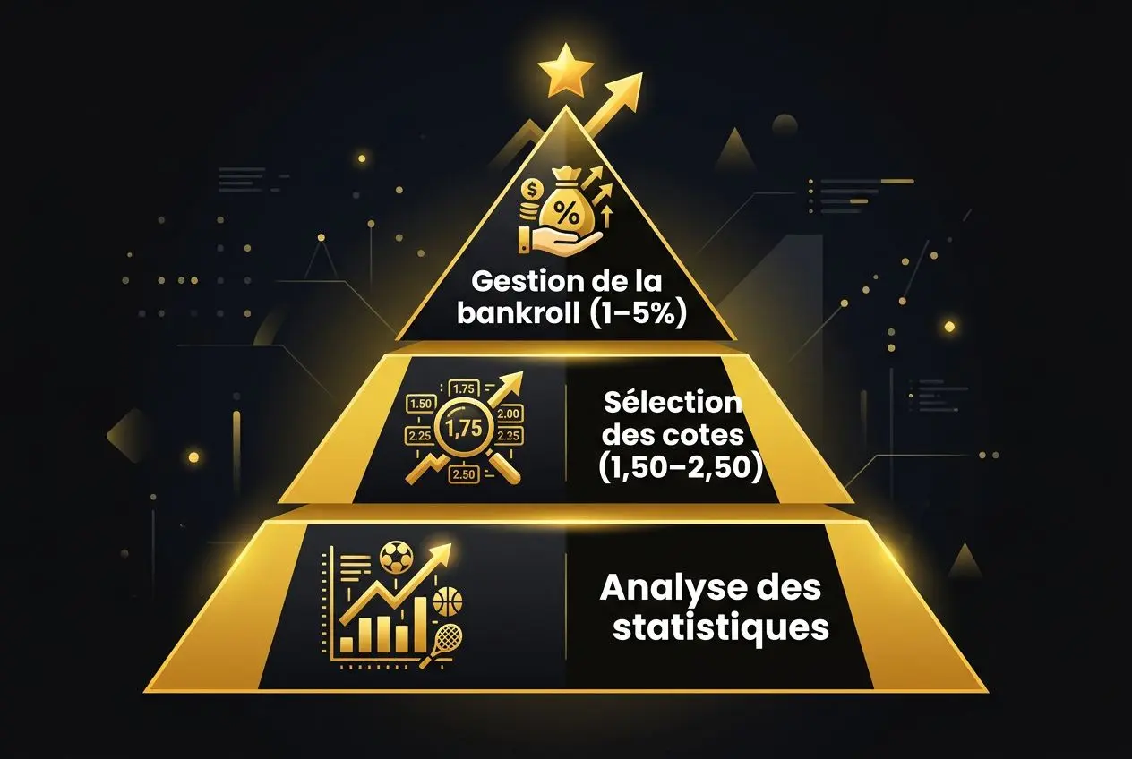 Pyramide graphique dorée illustrant la gestion de la bankroll et les pronostics: base analyse des statistiques, puis sélection des cotes et gestion (1-5%). paris combiné pronostic intégrée de façon fluide.