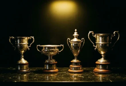 Quatre trophées argentés alignés sur une surface sombre, éclairés par une lumière chaude au-dessus.