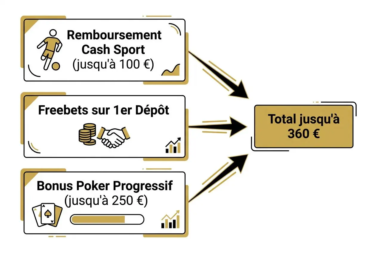 Remboursement Cash Sport jusqu’à 100 €, Freebets sur 1er Dépôt et Bonus Poker Progressif jusqu’à 250 €, total jusqu’à 360 €, illustration d’un bonus inscription winamax.