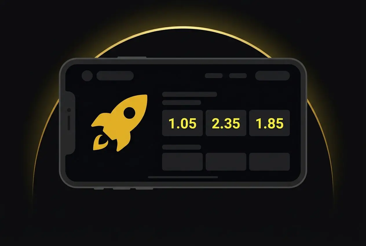 Smartphone affichant des cotes de paris sport sur fond noir, logo fusée jaune et chiffres 1.05, 2.35, 1.85. betclic meilleur odds intégré.