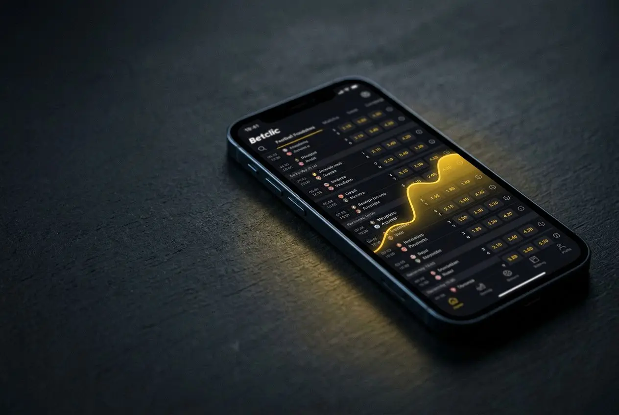 Smartphone affichant l’application Betclic en mode marché, avec une courbe lumineuse jaune et des données sportives sur l’écran. betclic fiabilité intégrée naturellement.