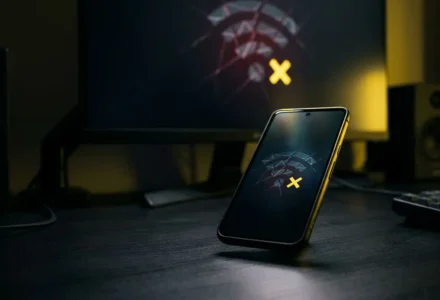 Smartphone posé sur une table avec écran affichant un motif et un X jaune, indiquant un dépannage problèmes techniques winamax à proximité d’un écran et d’un bureau.