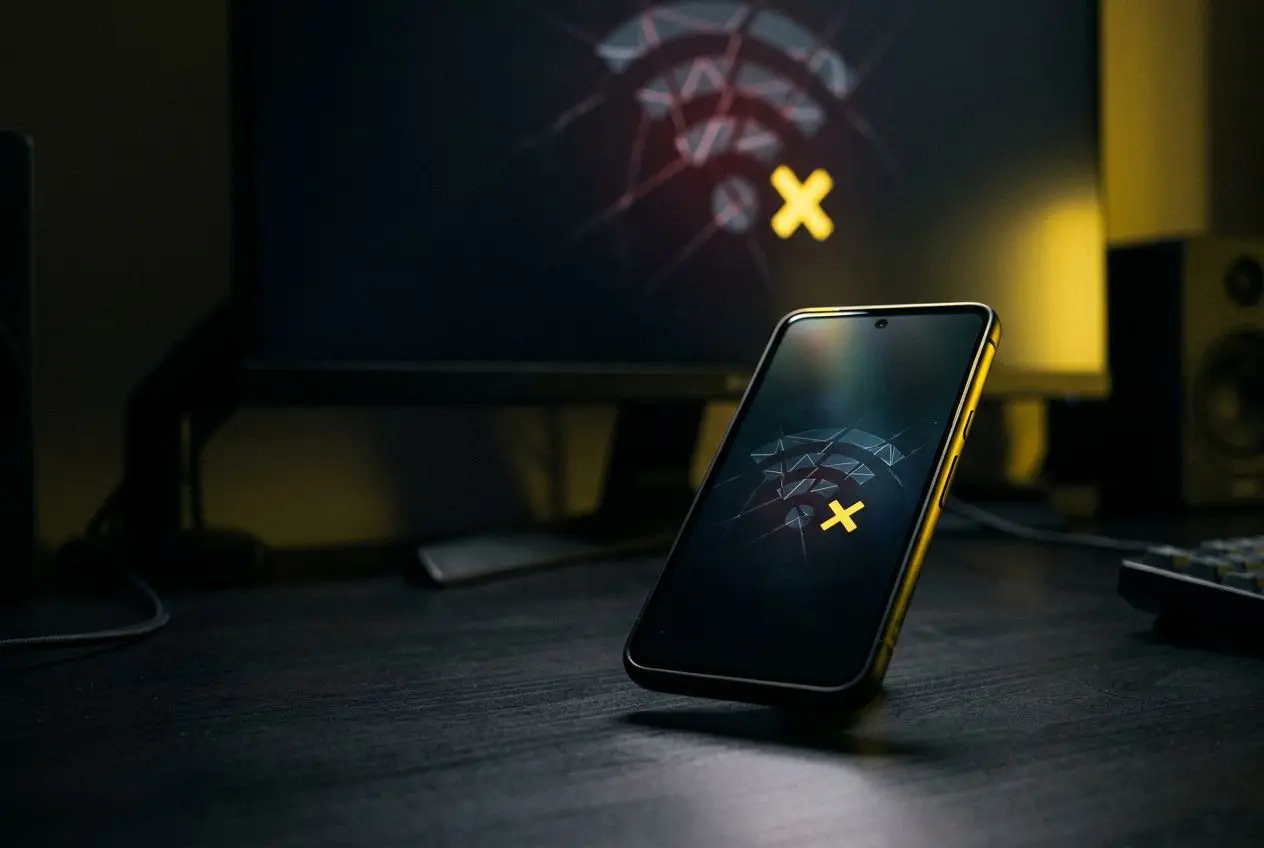 Smartphone posé sur une table avec écran affichant un motif et un X jaune, indiquant un dépannage problèmes techniques winamax à proximité d’un écran et d’un bureau.
