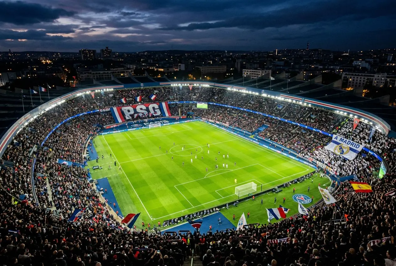Stade parisien rempli lors d’un match nocturne du PSG, vue aérienne dans un grand virage, supporters et drapeaux autour du terrain. transferts de ferran torres expliqués