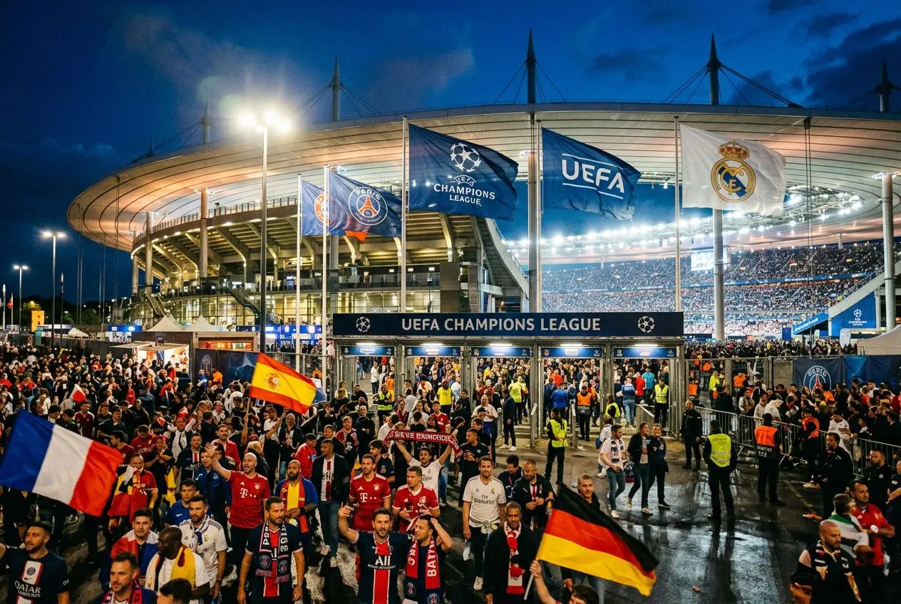 Stade de la UEFA Champions League éclairé, fans et drapeaux internationaux devant l’entrée principale, ambiance festive et supporters antes.