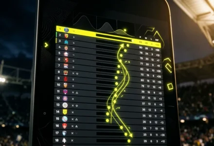 Tableau du classement ligue 1 2026 sur écran numérique, affichant les points et les évolutions des équipes.