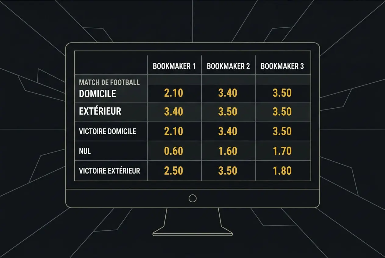 Tableau des cotes football Betclic affiché sur une interface écran avec trois bookmakers et différents résultats (domicile, extérieur, nul). betclic cotes football intégrée.