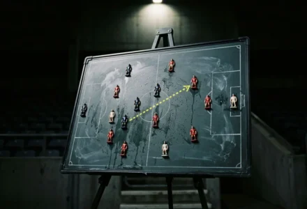 Tableau tactique montrant des joueurs miniatures positionnés sur un terrain, diagramme des passes en diagonale en direction du but. motif de stratégie pour les joueurs prêtés ligue 1 dans le cadre d’un tableau complet par joueur.