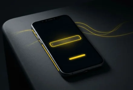 Téléphone mobile émettant une charge de batterie lumineuse en forme de codes, sur fond sombre. code freebet winamax intégré naturellement.