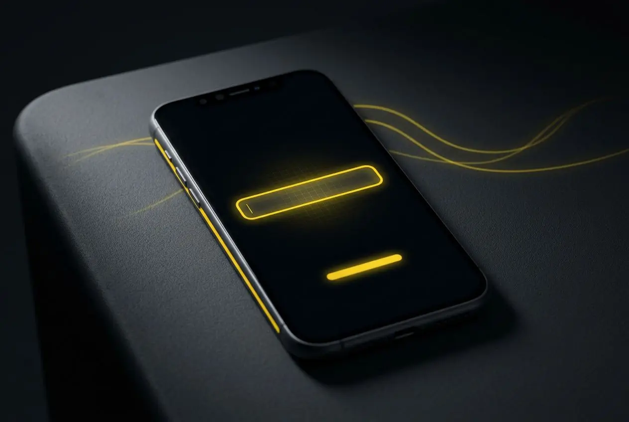 Téléphone mobile émettant une charge de batterie lumineuse en forme de codes, sur fond sombre. code freebet winamax intégré naturellement.