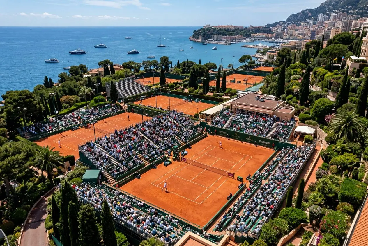 Terrains de monte-carlo sur terre battue avec spectateurs, vue panoramique sur la mer et les bâtiments en arrière-plan.