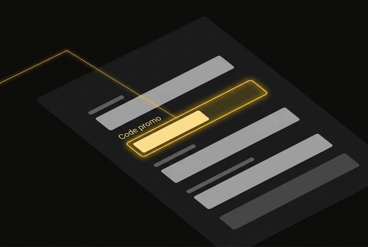 Texte illustrant un formulaire ou interface numérique avec le champ « Code promo » entouré d’un contour jaune lumineux sur fond sombre.