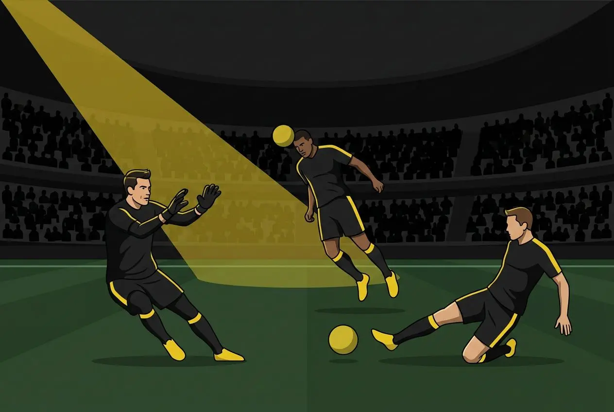 Trois joueurs en noir et jaune s’entraînent sur un terrain, l’un effectuant un contrôle alors qu’un rayon de projecteur les éclaire. Alt: joueurs libres ligue 1.