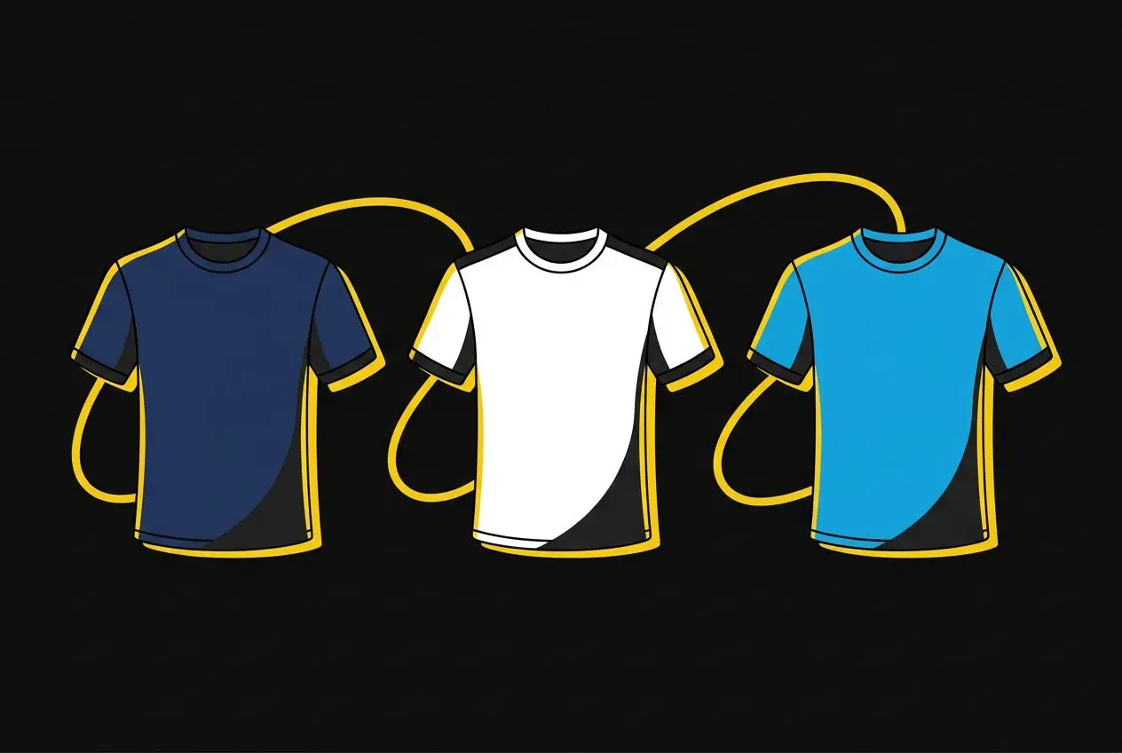 Trois maillots de football colorés (bleu marine, blanc et bleu clair) reliés par des fils jaunes sur fond sombre. intégration du mot-clé: dernières infos mercato ligue 1.