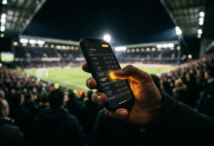Utilisation d’un smartphone pour consulter des pronostics en direct lors d’un match de football, ambiance stade nocturne. betclic prono foot.