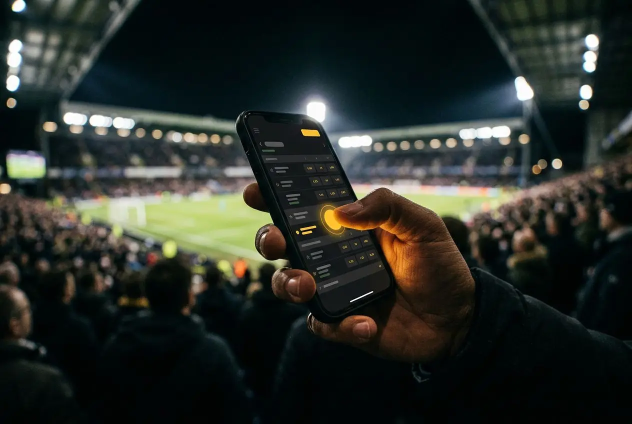 Utilisation d’un smartphone pour consulter des pronostics en direct lors d’un match de football, ambiance stade nocturne. betclic prono foot.