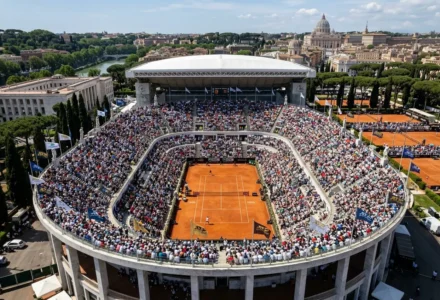 Vue aérienne d’un court de tennis rouge entouré de tribunes pleines lors des masters 1000 rome, avec la ville en arrière-plan. résultats masters 1000 rome.