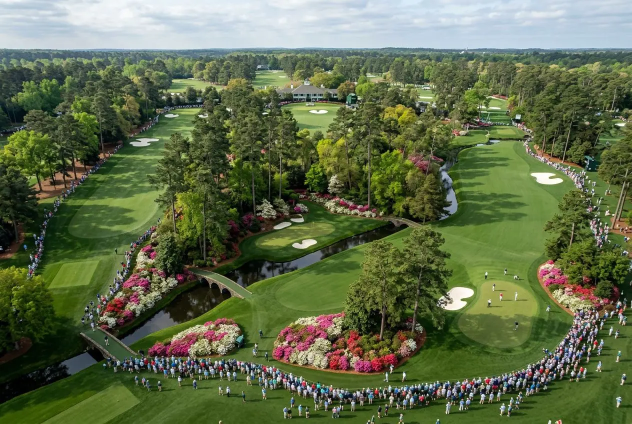 Vue aérienne du parcours Augusta avec zones de greens ondulants, jardins fleuris et spectateurs formant une ligne autour du fairway. favoris pour le masters d'augusta intégrés.
