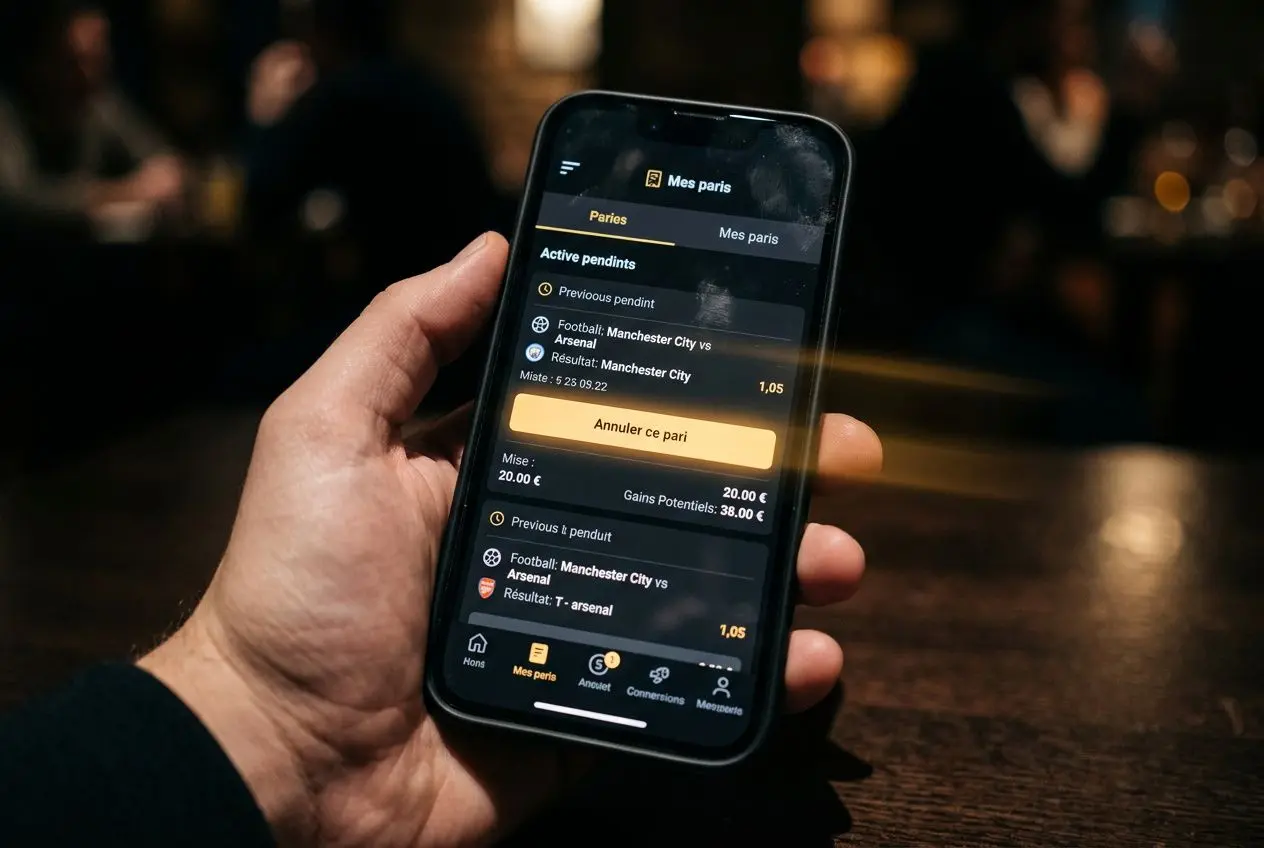 Alt text: Téléphone affichant l’interface Betclic avec Paris en cours et bouton « Annuler ce pari », illustrant comment modifier un pari sur betclic.