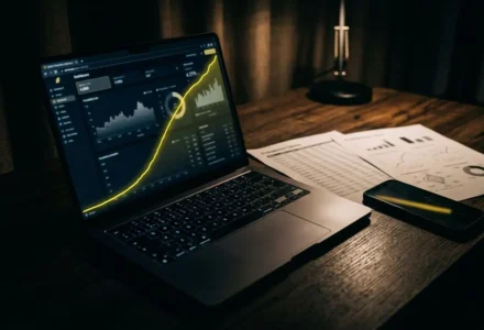 Analyse des données et graphique financier affichés sur un ordinateur portable, planificateur et smartphone sur un bureau—illustrant l’analyse pour bien miser sur Betclic.