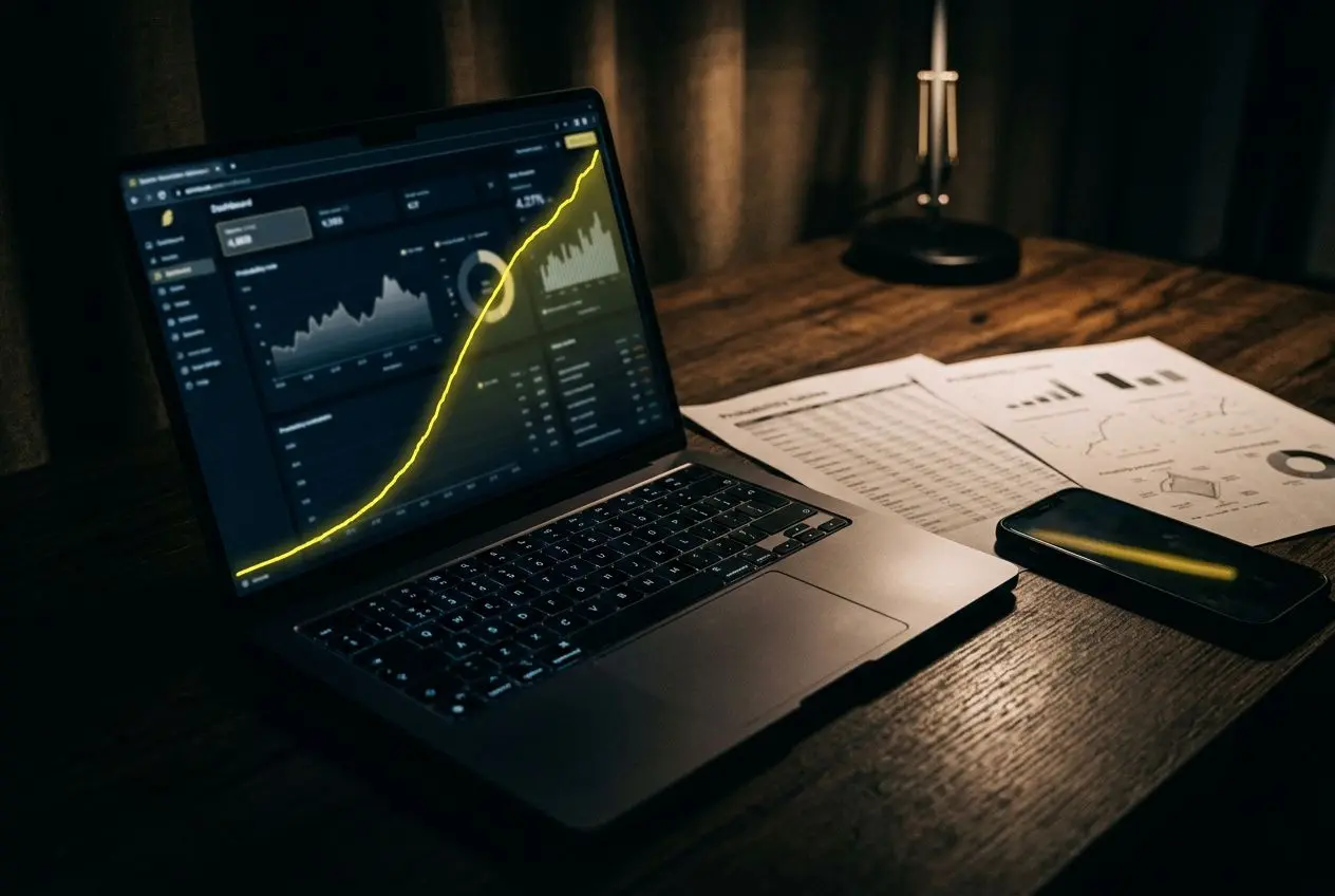 Analyse des données et graphique financier affichés sur un ordinateur portable, planificateur et smartphone sur un bureau—illustrant l’analyse pour bien miser sur Betclic.