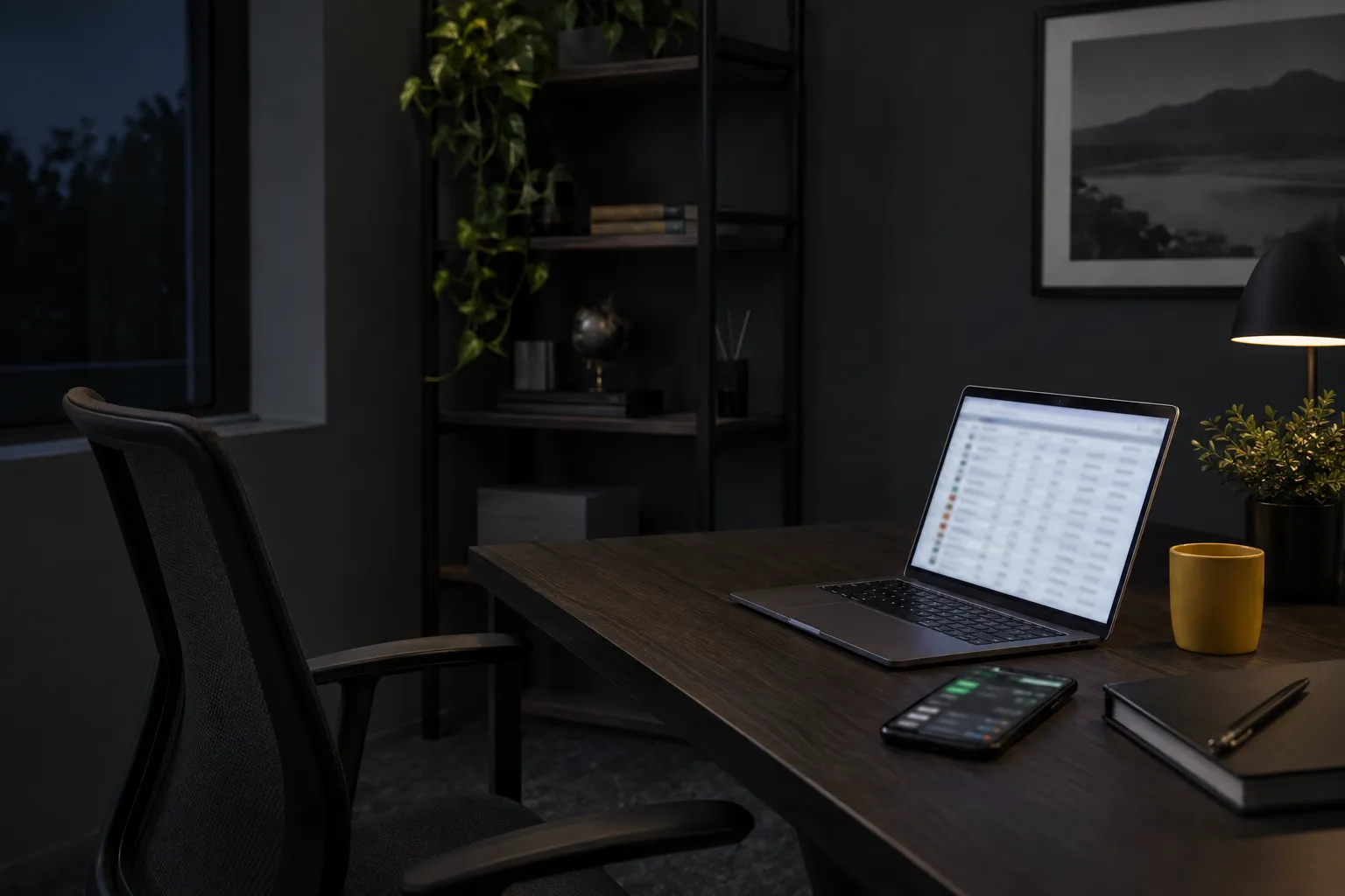 Bureau sombre avec un ordinateur portable ouvert sur le bureau et un smartphone posé à côté.