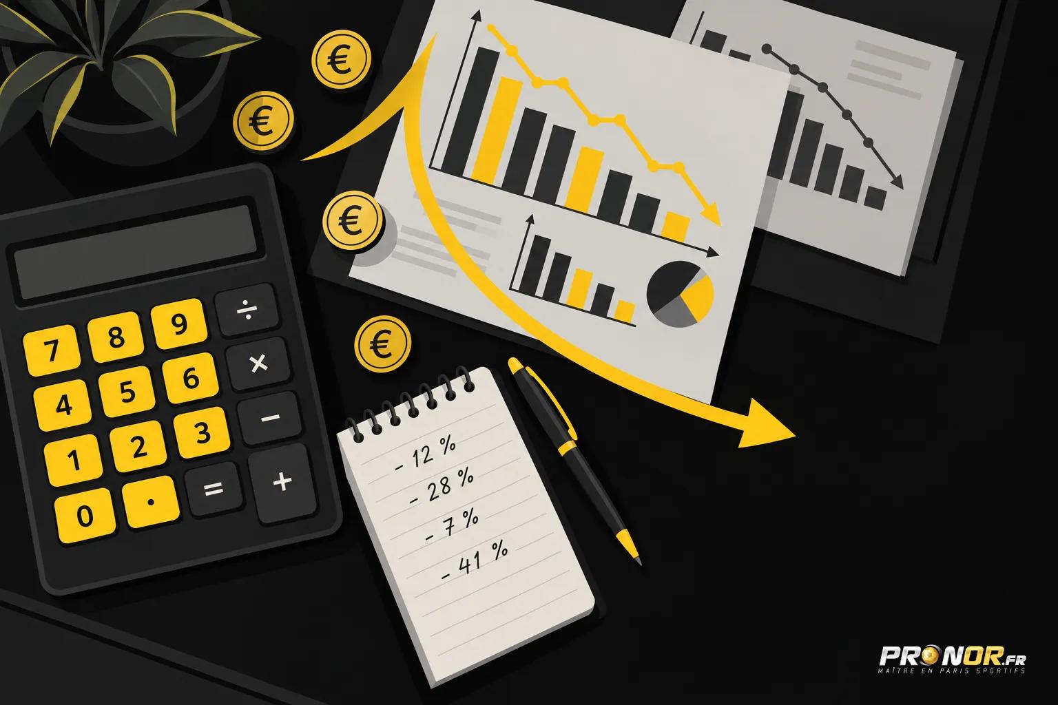 Une calculatrice jaune et noire, des pièces dorées et des graphiques financiers sur des documents, avec un carnet et un