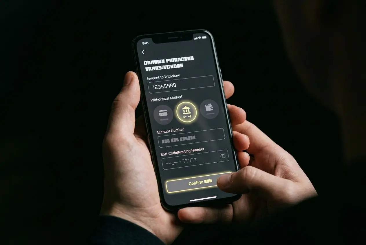 Capture d'écran d'un smartphone affichant un formulaire de retrait, avec champ montant et méthode de retrait, prêt à confirmer. intégration du mot-clé: comment retirer argent betclic guide.