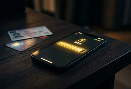 Carte bancaire et smartphone affichant un chargement à 94% sur une table, près de deux billets. exemple d’opération sans carte d’identité.