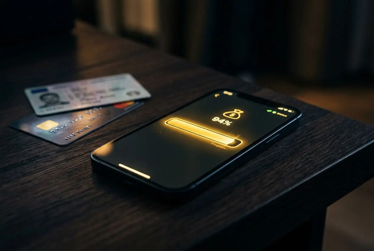 Carte bancaire et smartphone affichant un chargement à 94% sur une table, près de deux billets. exemple d’opération sans carte d’identité.
