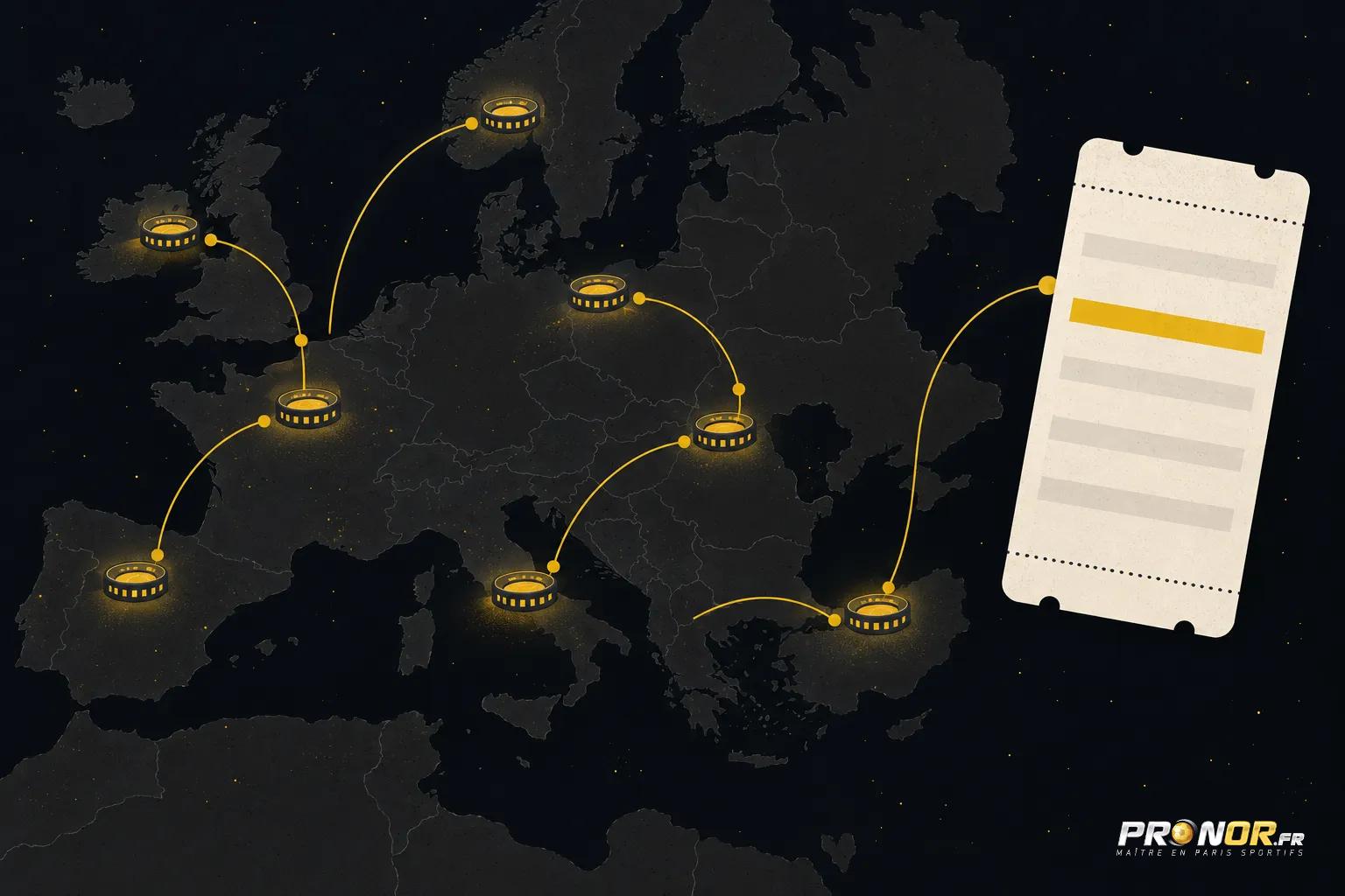 Une carte du monde sombre avec des points lumineux reliés par des arcs, et un billet coloré sur le côté droit.