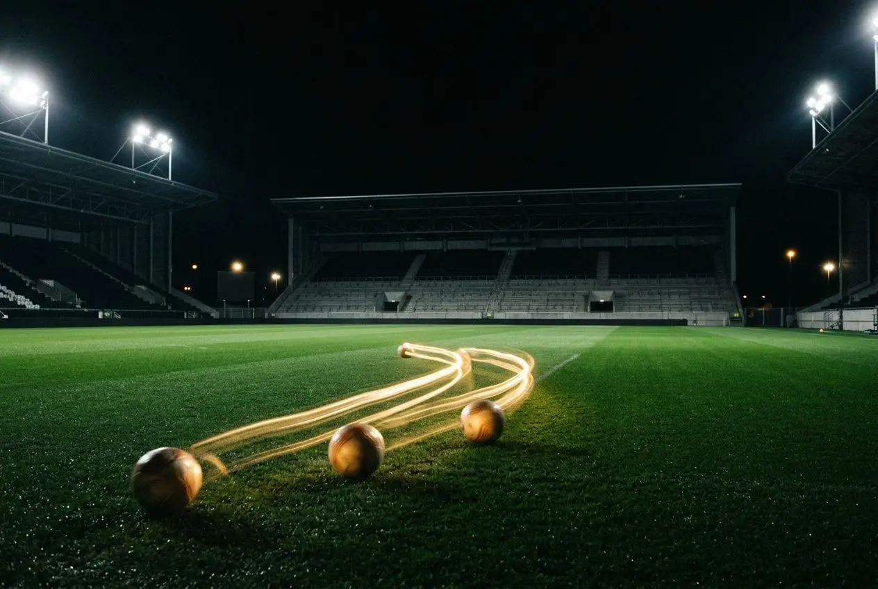 Cônes lumineux traçant des parcours de balles sur un terrain de football nocturne, stade éclairé en arrière-plan. cote ligue des champions betclic.