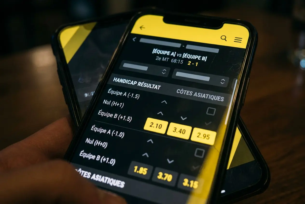 Description alt: Personne utilisant un smartphone affichant des options de handicap sur Betclic, avec les cotes visibles en jaune.