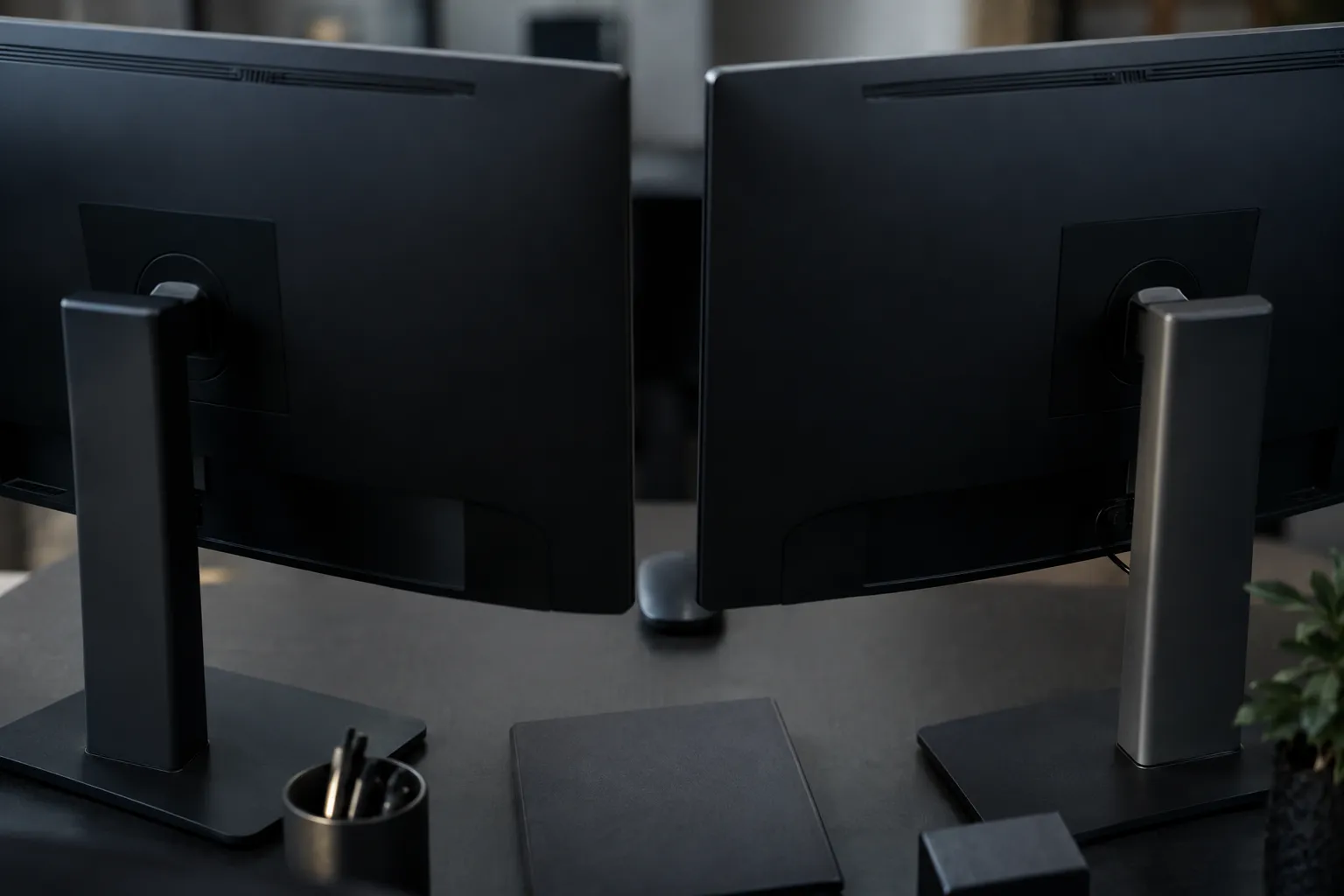 Deux écrans d’ordinateur côte à côte sur un bureau.