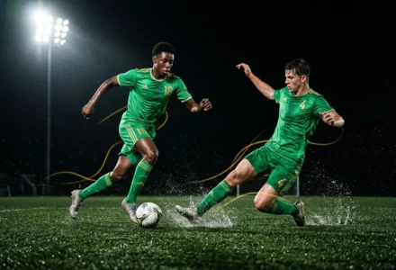 Deux jeunes joueurs en maillots verts se disputent le ballon sur un terrain de football sous éclairage nocturne, démontrant une action rapide et compétitive. les pépites du football pour 2026.