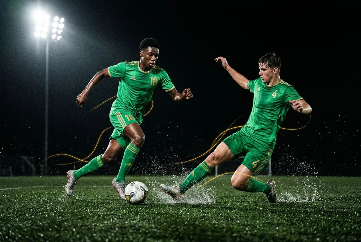 Deux jeunes joueurs en maillots verts se disputent le ballon sur un terrain de football sous éclairage nocturne, démontrant une action rapide et compétitive. les pépites du football pour 2026.