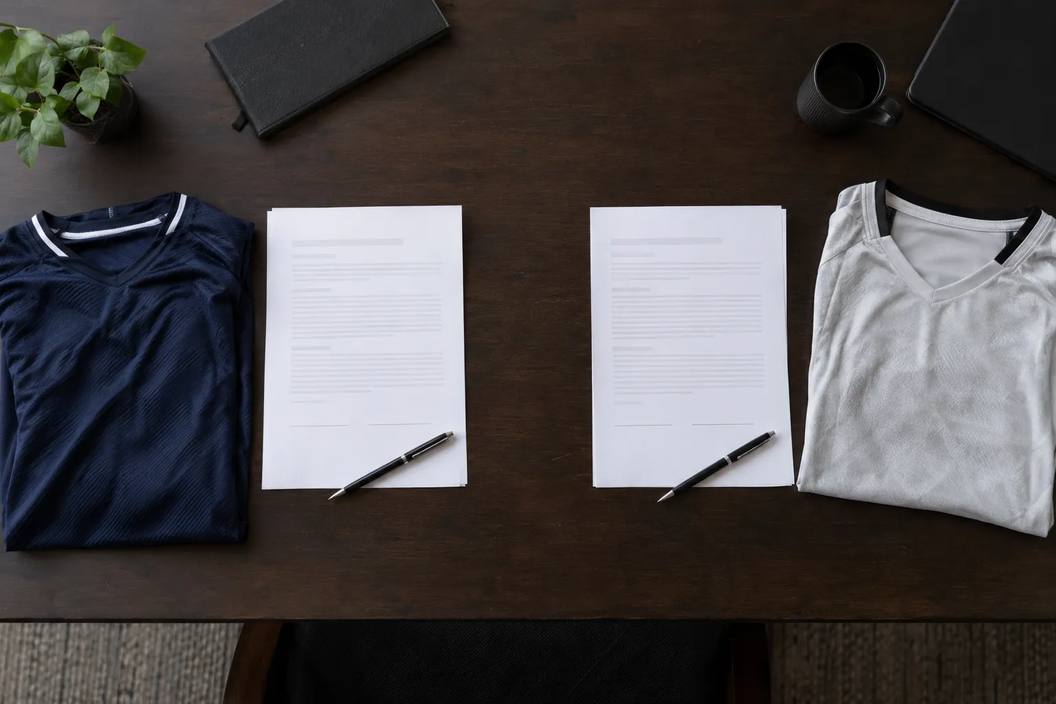 Deux maillots pliés et deux documents sur une table de bureau.