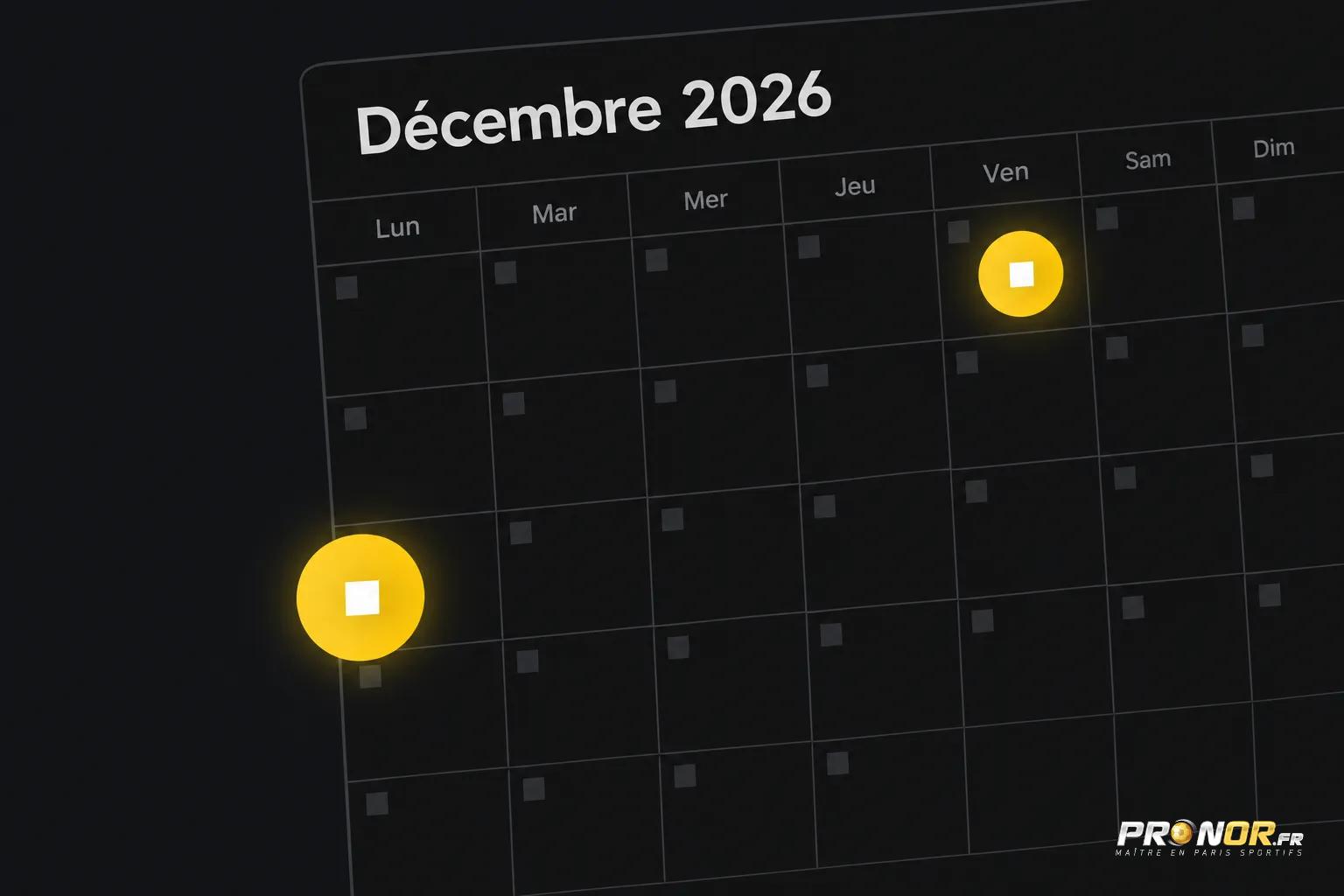 Deux marqueurs jaunes lumineux placés sur un calendrier montrant le mois de décembre 2026.