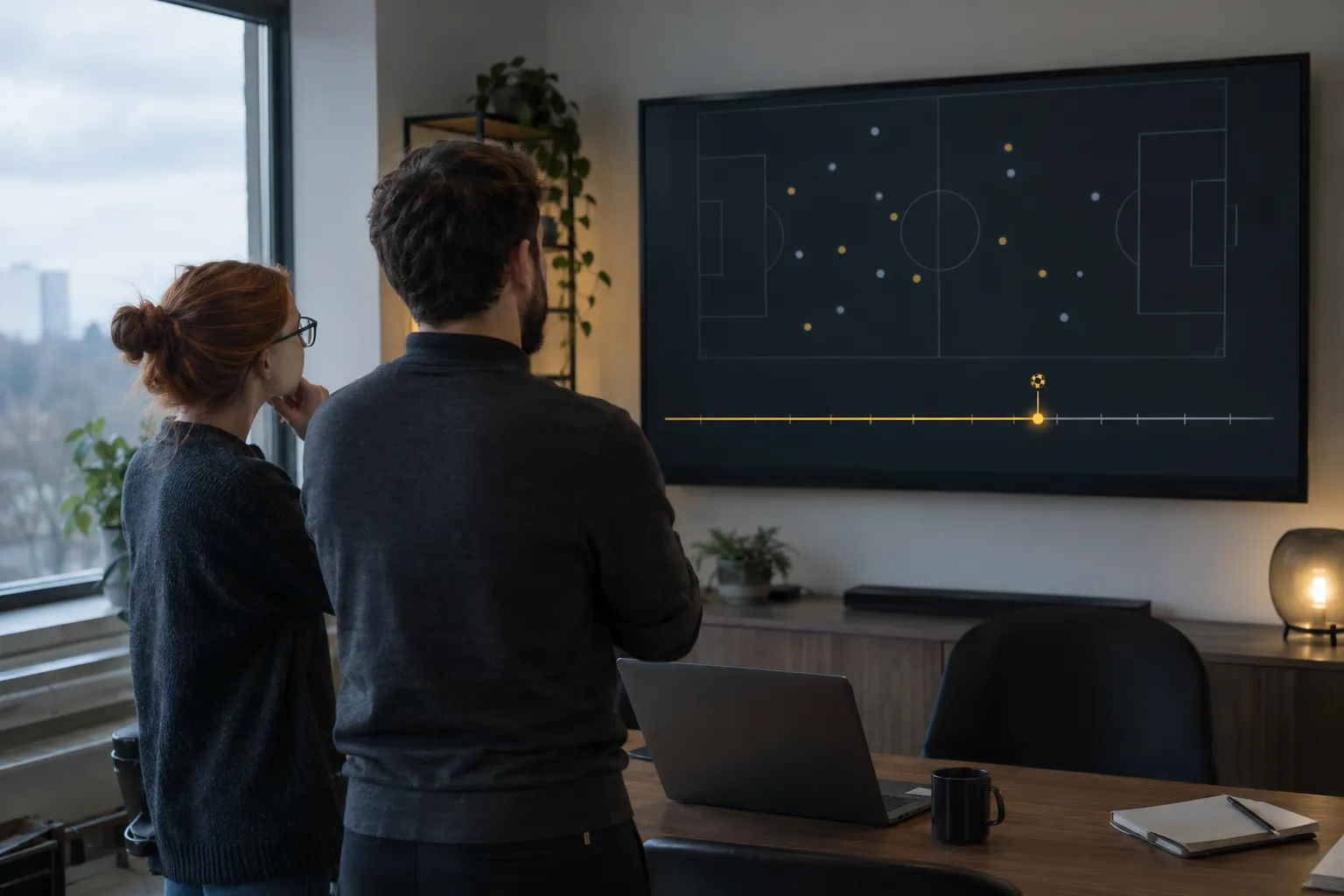 Deux personnes regardent un écran géant affichant un terrain de football et une ligne de temps en dessous, dans un bureau.