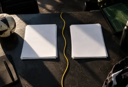 Deux piles de feuilles blanches posées sur une table sombre, séparées par un câble jaune.