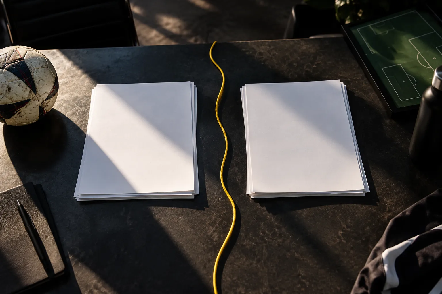 Deux piles de feuilles blanches posées sur une table sombre, séparées par un câble jaune.