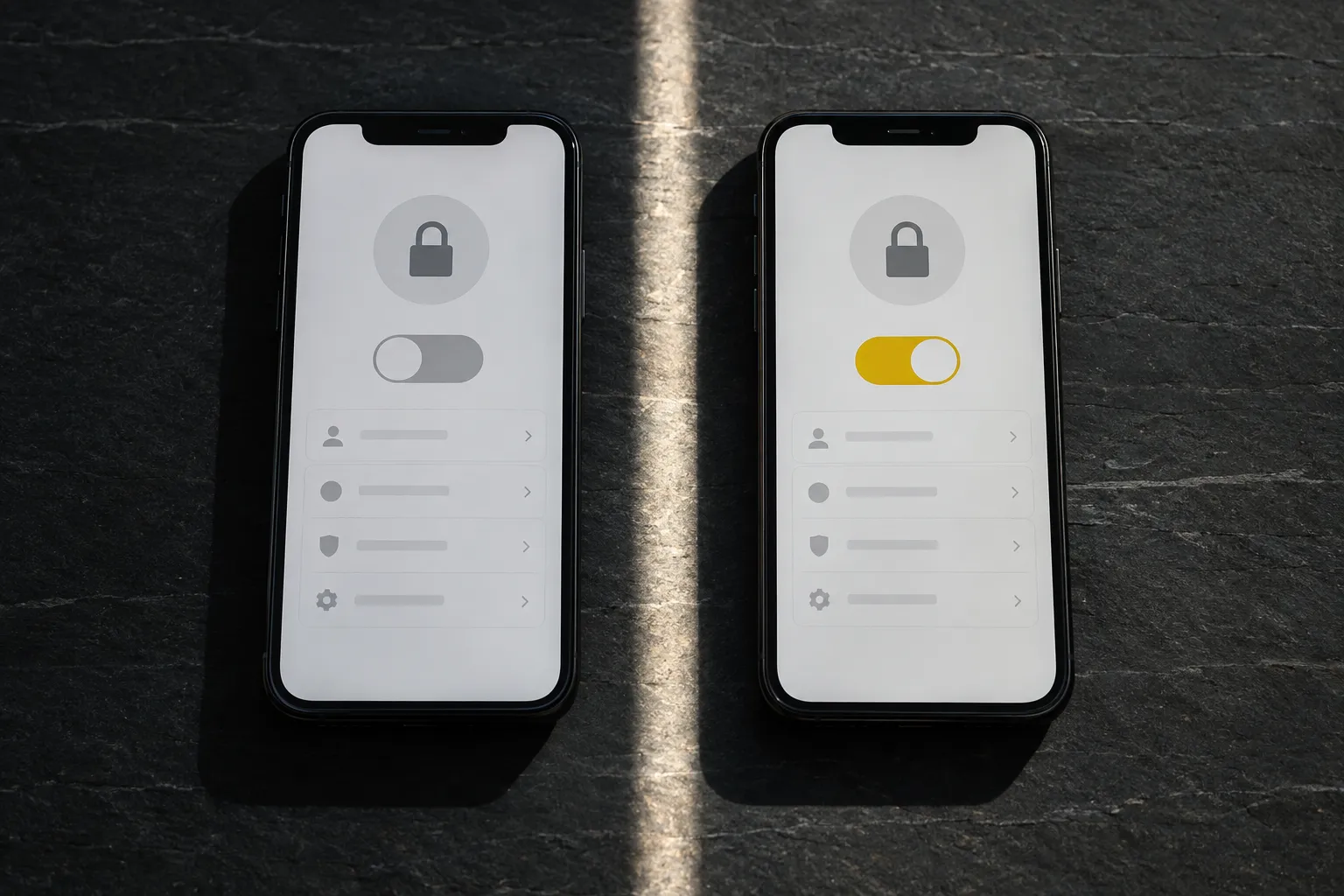 Deux téléphones affichant des paramètres d'accès ou de sécurité avec des icônes de cadenas.