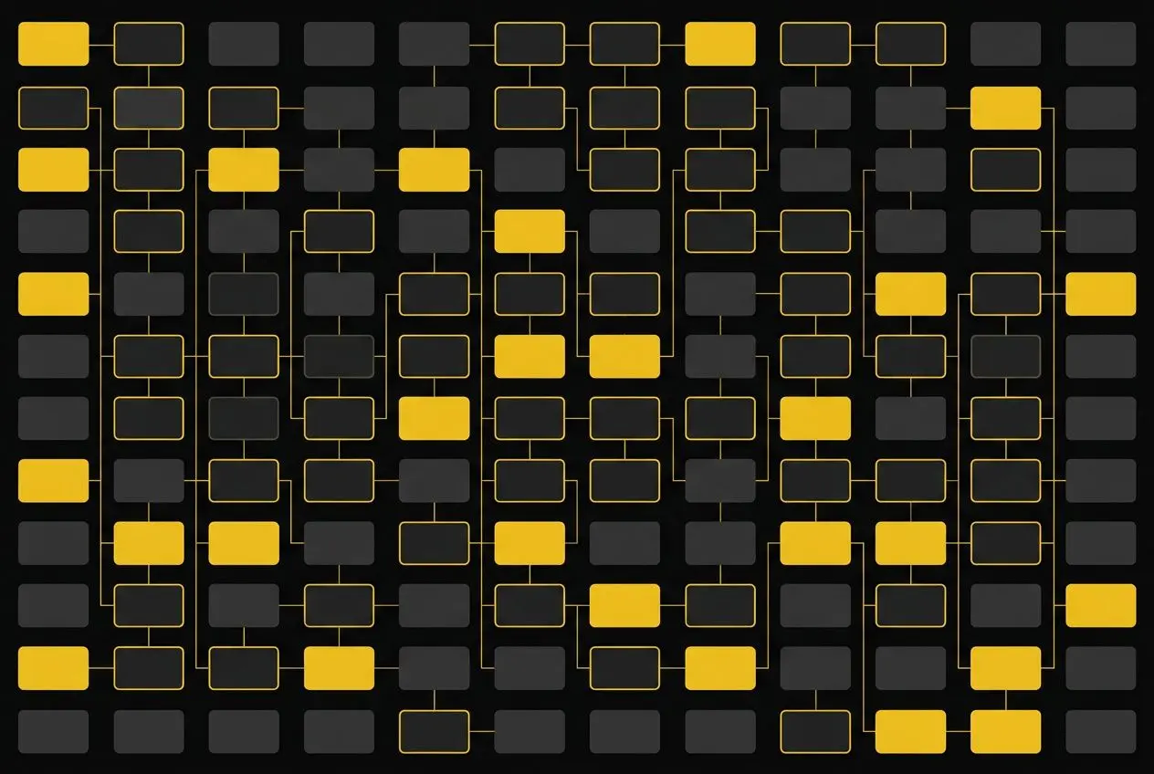 Diagramme abstrait de blocs jaunes et gris formant une grille. alt text intégré: "Comment fonctionnent les systèmes sur winamax" mentionné naturellement via descriptif.
