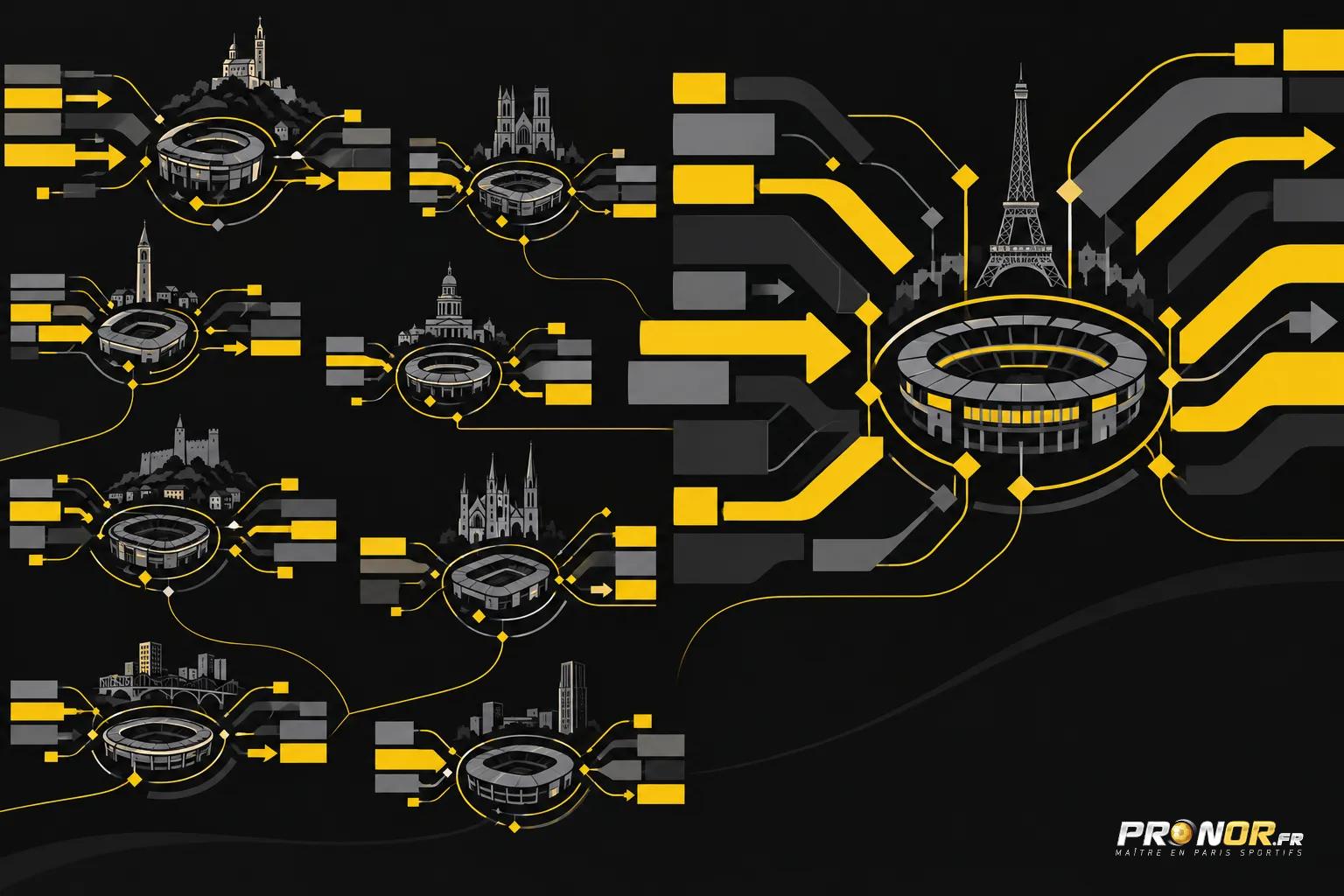 Diagramme illustrant des échanges et flux de transferts entre plusieurs clubs, avec des flèches jaunes et grises reliant des