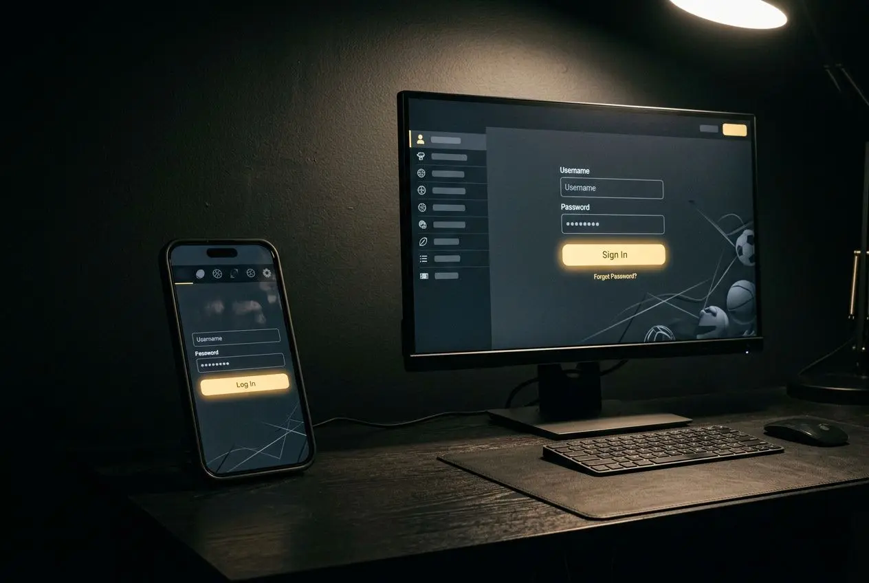 Écran d’ordinateur et smartphone affichant le formulaire de connexion “Username / Password” avec le bouton Sign in, ambiance sombre. betclic se connecter thème numérique.