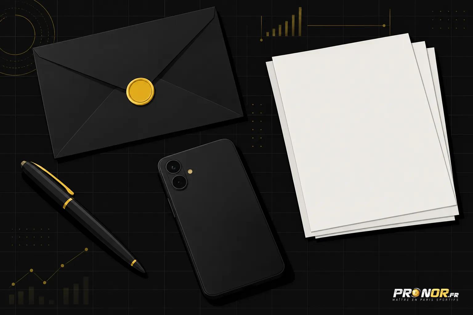 Une enveloppe noire avec sceau doré, un smartphone noir et des feuilles blanches posés sur un bureau sombre avec un stylo