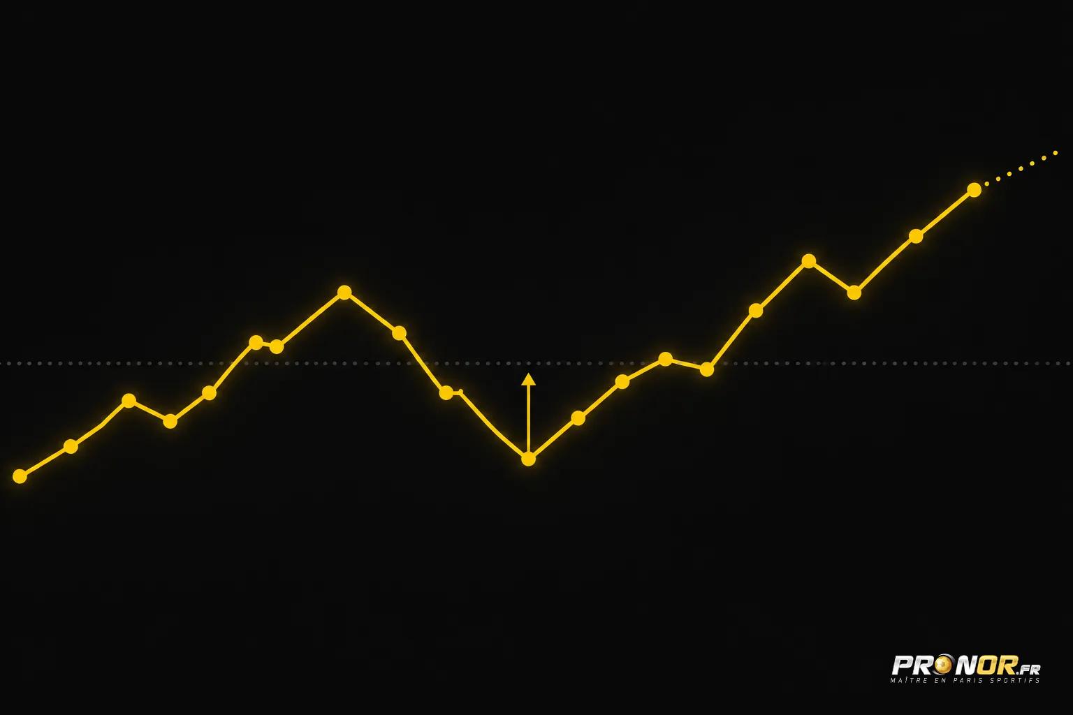 Évolution d’un graphique en ligne jaune montrant des points et une chute suivie d’une reprise sur fond noir.